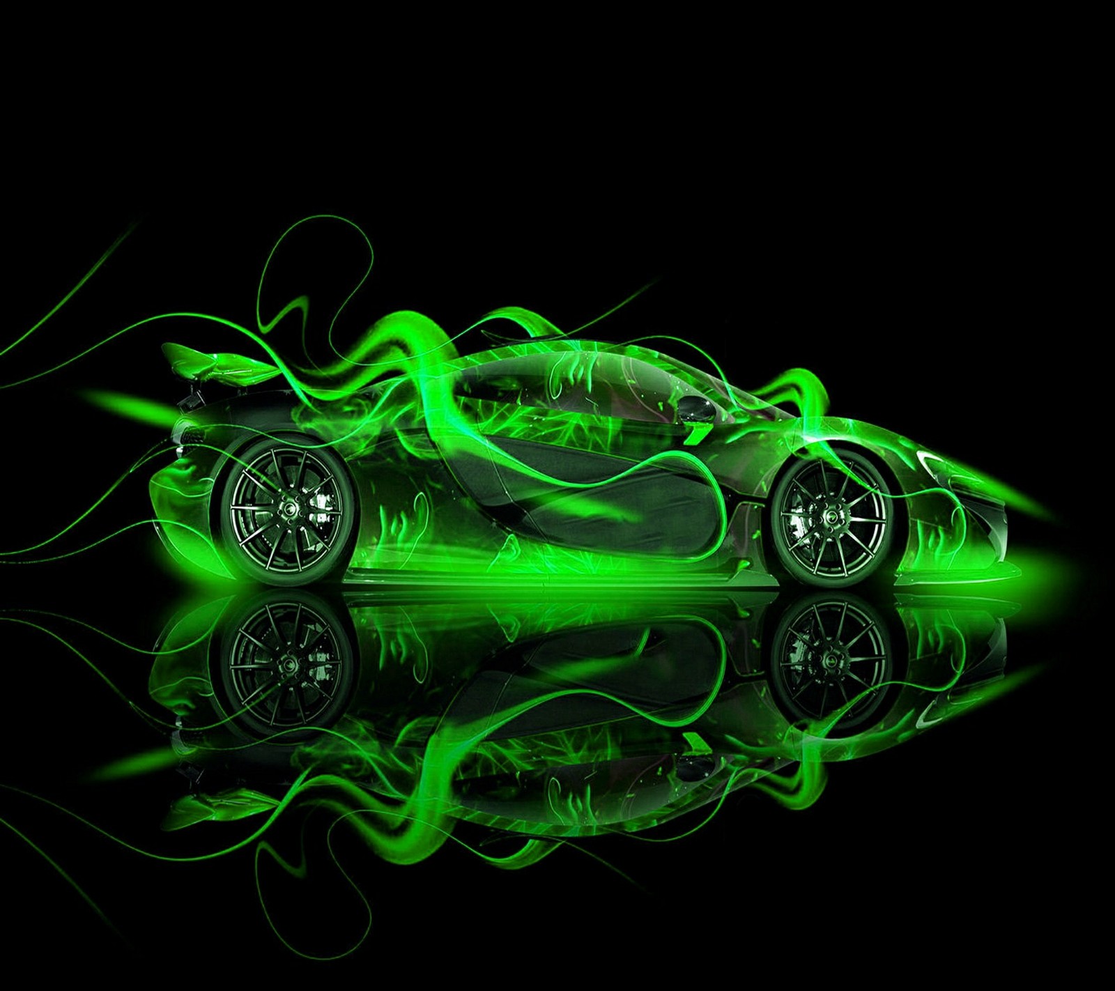 A green car with flames on the side of it (bjk, car, fire, green car, gs)