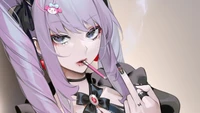 Fille d'anime edgy avec des cheveux violets et une cigarette