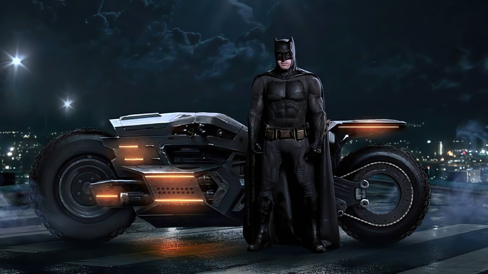 Batman em pé ao lado de uma motocicleta com uma cauda brilhante (batman, arte, pneu, roda, iluminação automotiva)