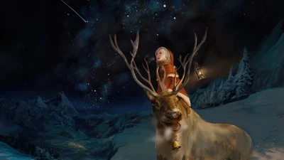 Anime Girl in Santa Outfit Riding a Reindeer Under a Starry Night