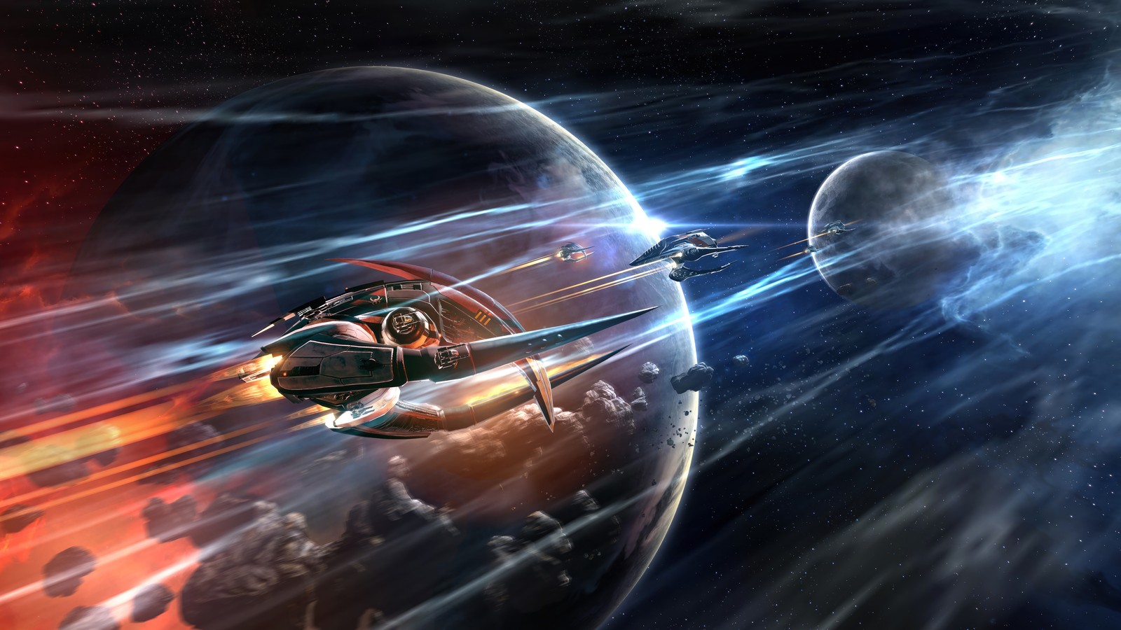 Spaceships flying over a planet with a star in the background (eve online, video game)