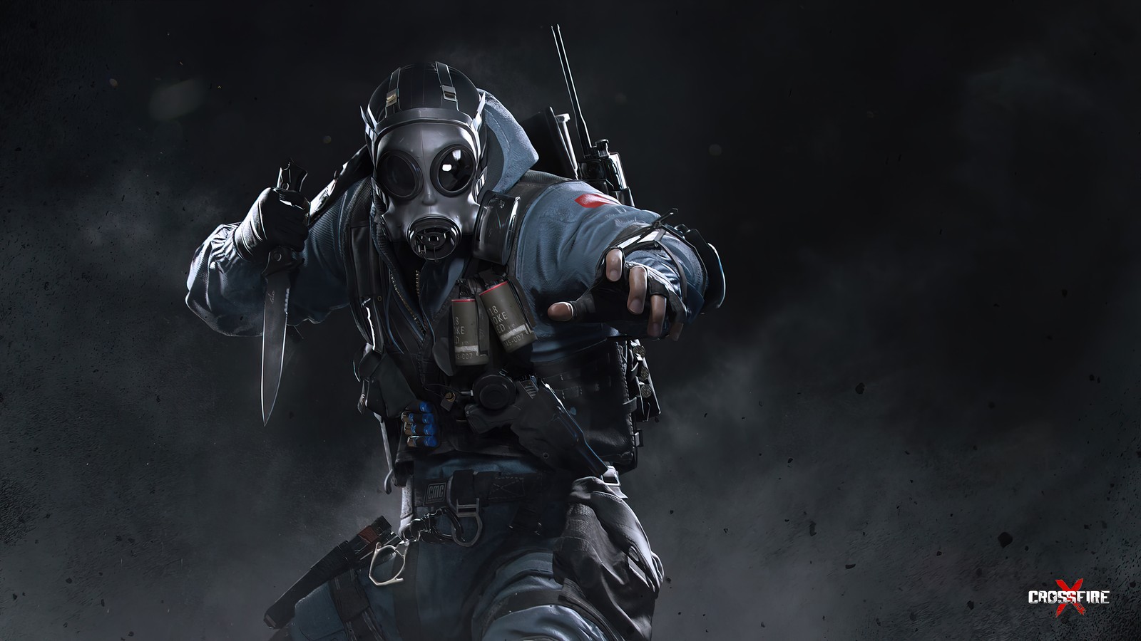 A man in a gas mask holding a gun in a dark room (crossfirex, video game, crossfire x, mercenaries mercenary, soldiers)