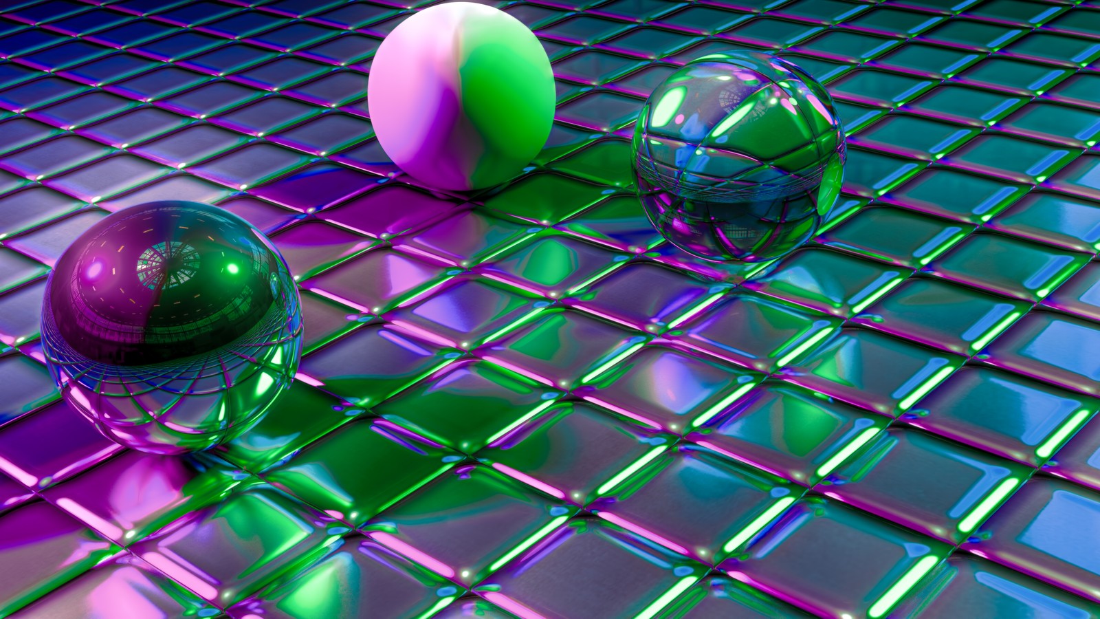 Purple and green spheres on a shiny surface with a green ball (art, green, purple, sphere, symmetry)