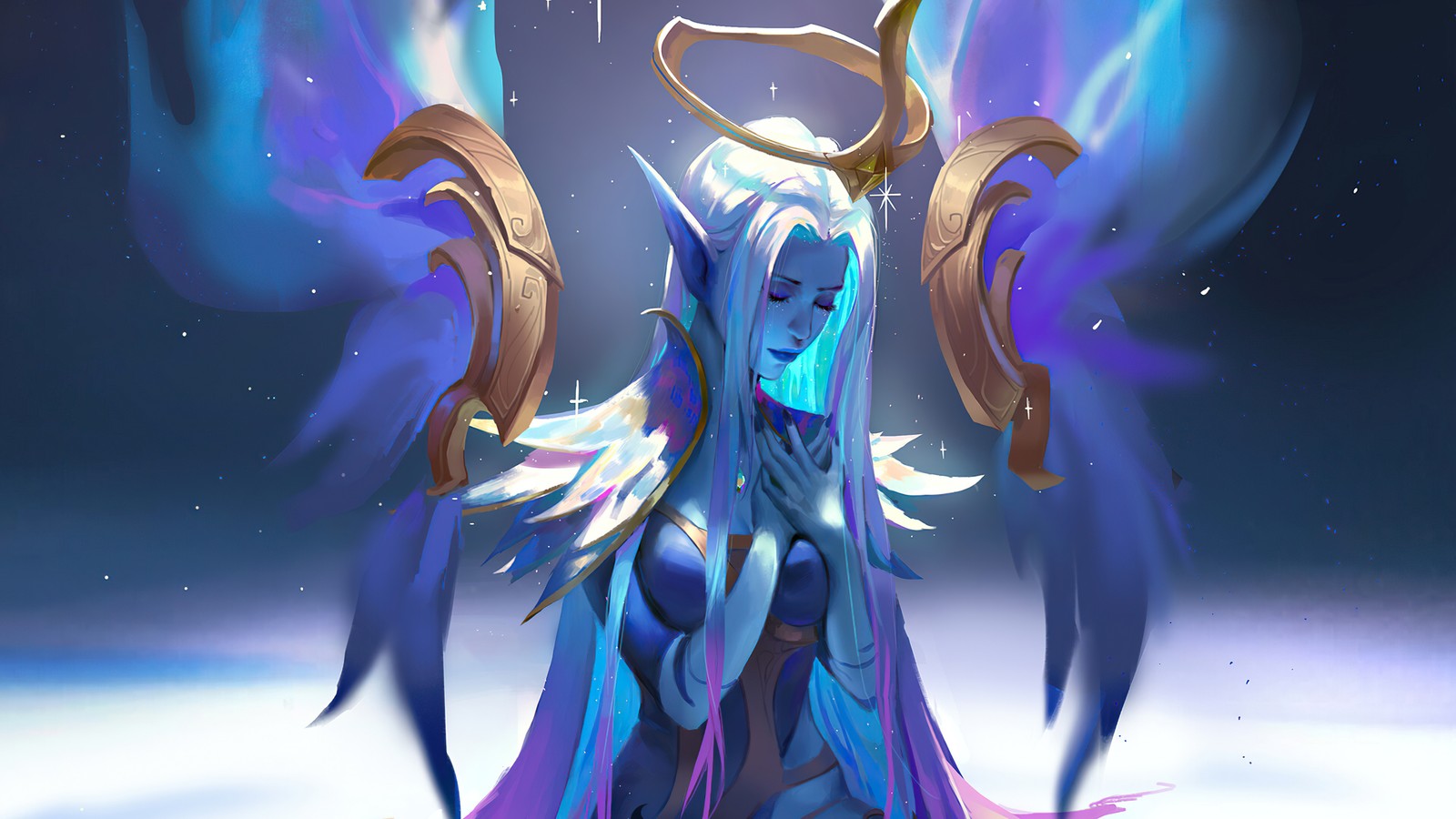 Gros plan d'une femme avec de longs cheveux et une robe bleue (soraka, lol, league of legends, jeu vidéo, dawnbringer)