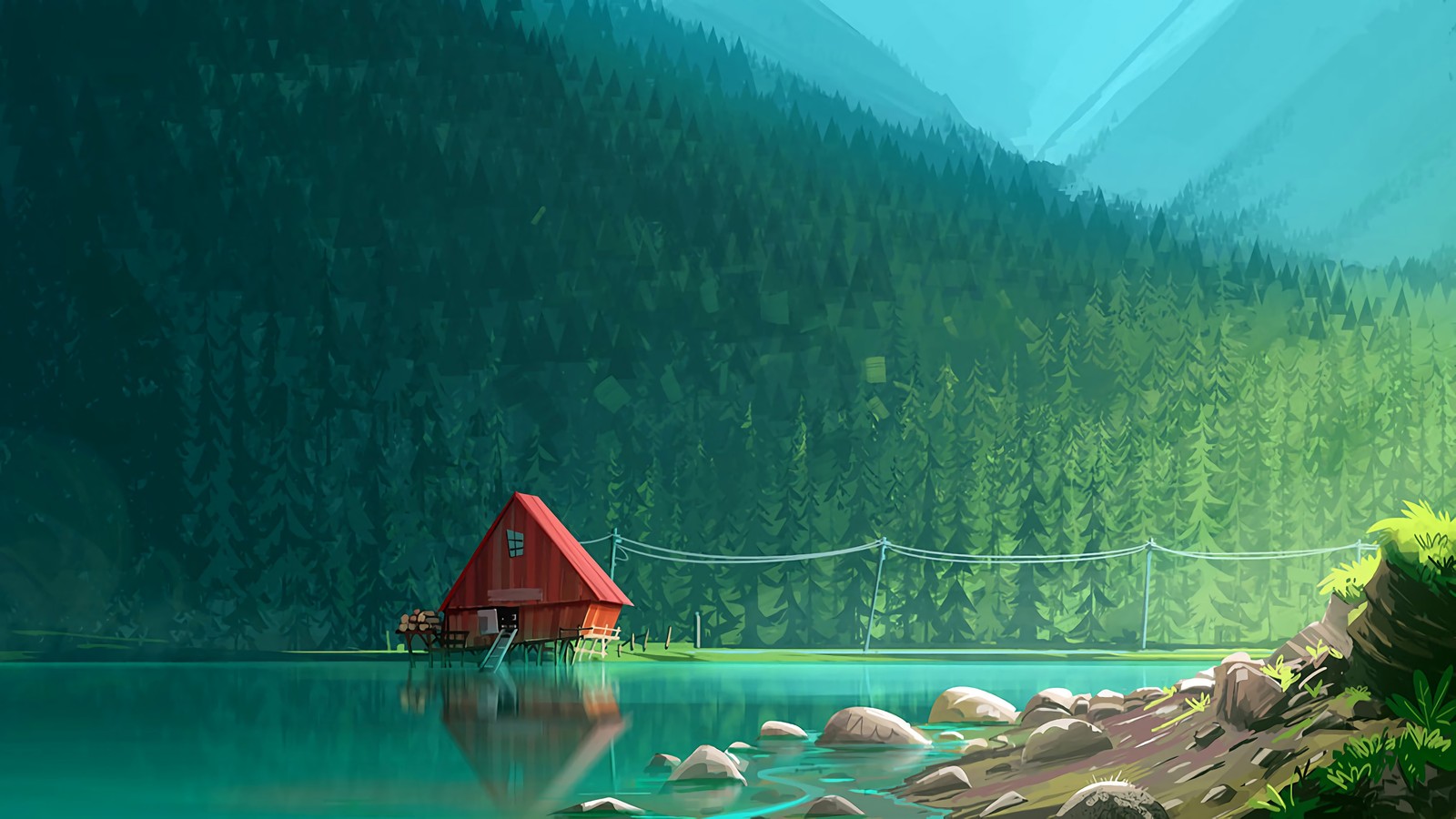 There is a red house sitting on a small island in the middle of a lake (lake, cabin, forest, digital art)