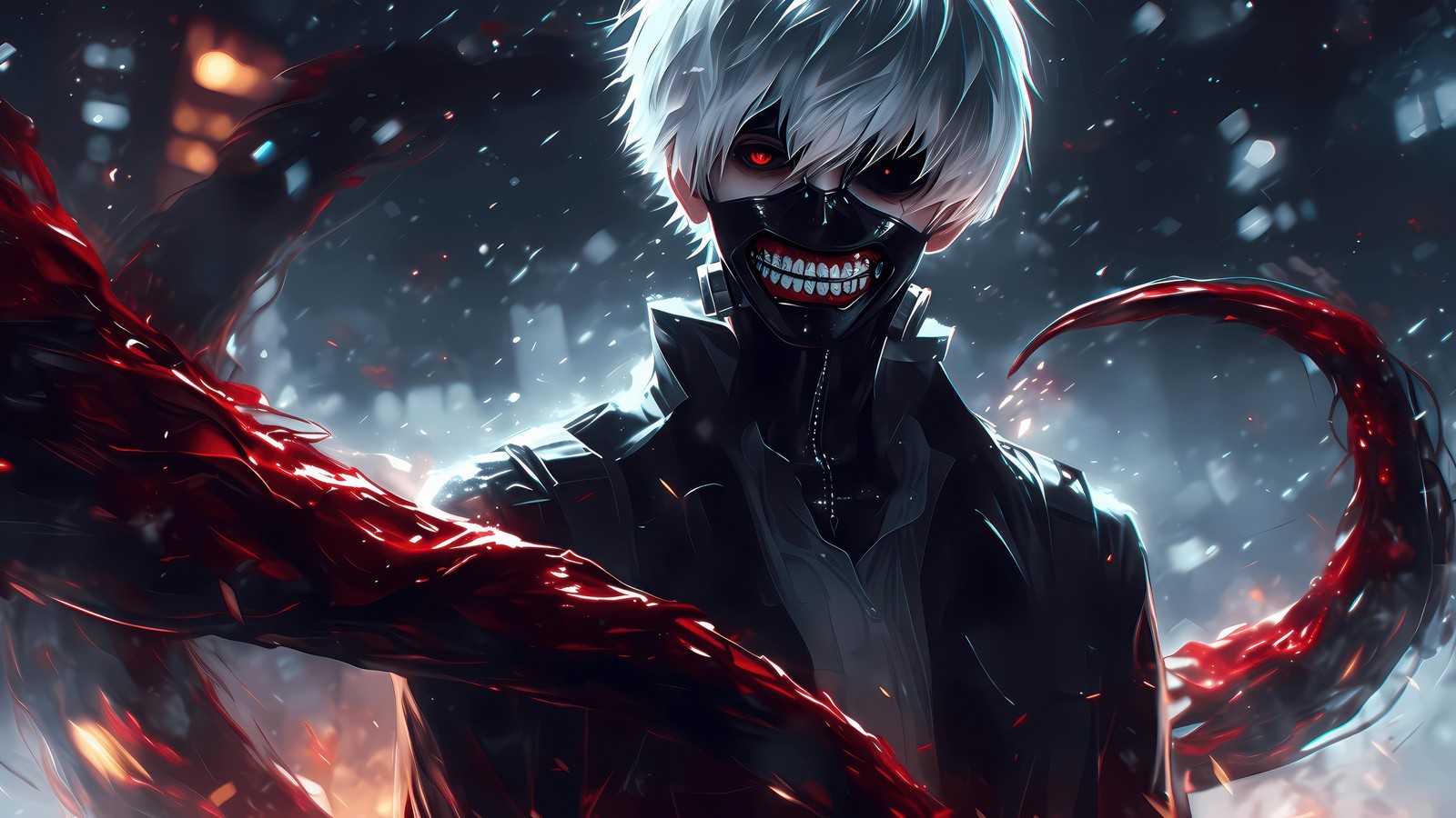 Un homme aux cheveux blancs et à un masque rouge tenant une araignée démoniaque (gothique, tokyo ghoul, 5k, anime, fond décran 4k)