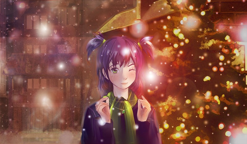 Anime girl with purple hair and a green scarf holding a yellow umbrella (everlasting summer, anime, space, game, adventure game)