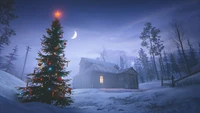 Cabaña acogedora en Navidad bajo un cielo estrellado