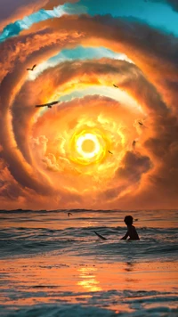 Pôr do sol surrealista: Um surfista no vibrante brilho da natureza