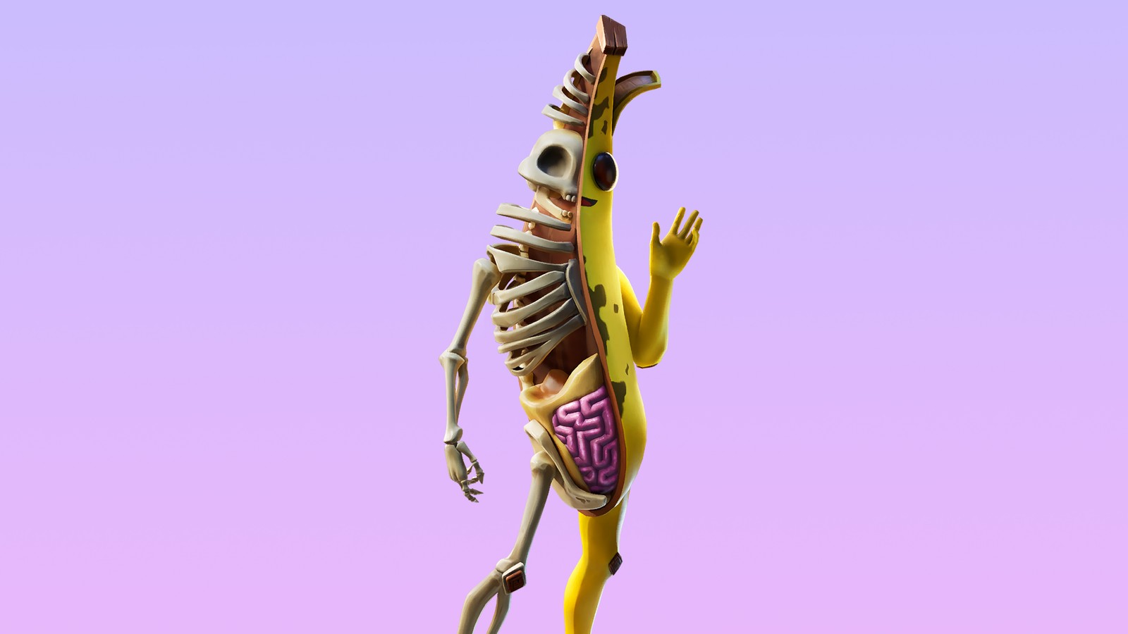 Esqueleto arafed con cuerpo humano. (peely bone, fortnite, fortnite battle royale, videojuego, atuendo)