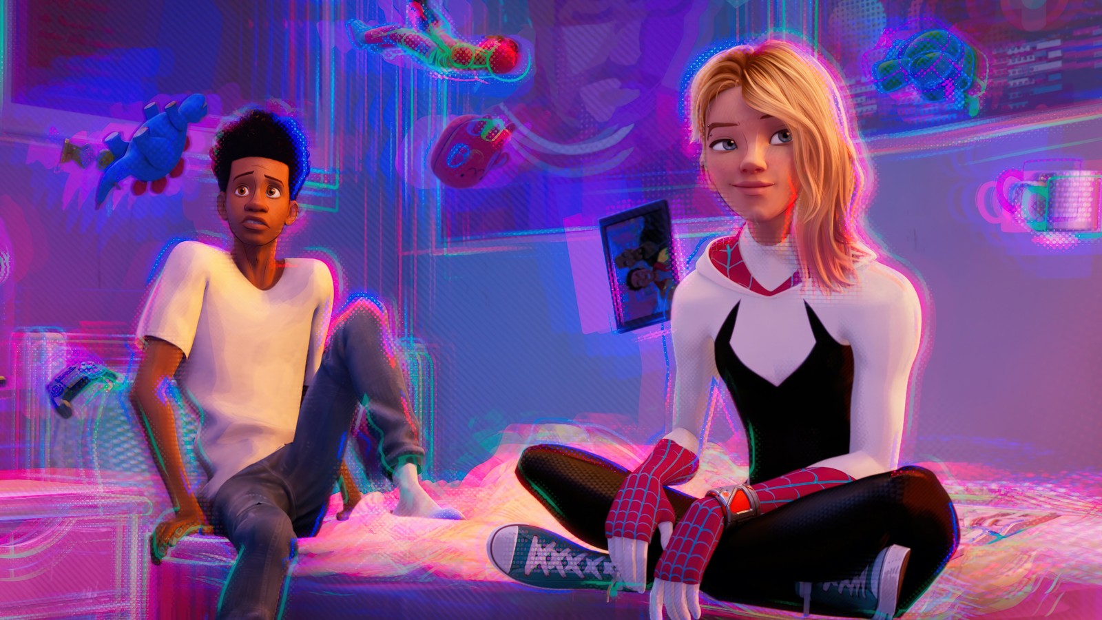 Un gros plan d'une personne assise sur un lit dans une pièce (spider man à travers le spider verse, spider man across the spider verse, film, marvel, animé)