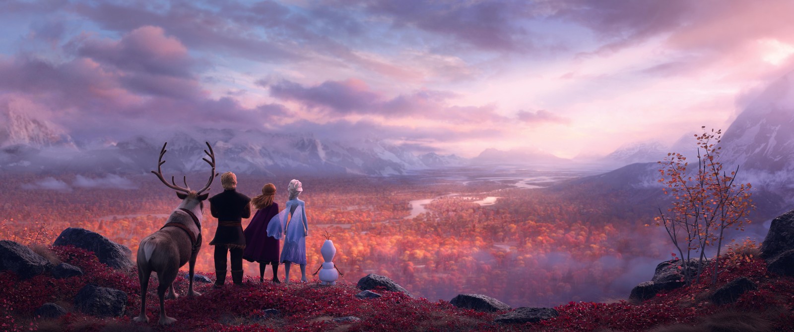 A group of people standing on top of a mountain next to a deer (elsa, anna, kristoff, frozen, cloud)