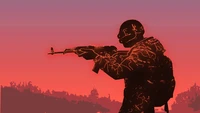 Silhouette d'un soldat visant un fusil contre un fond de coucher de soleil vibrant dans un style minimaliste inspiré par PUBG.