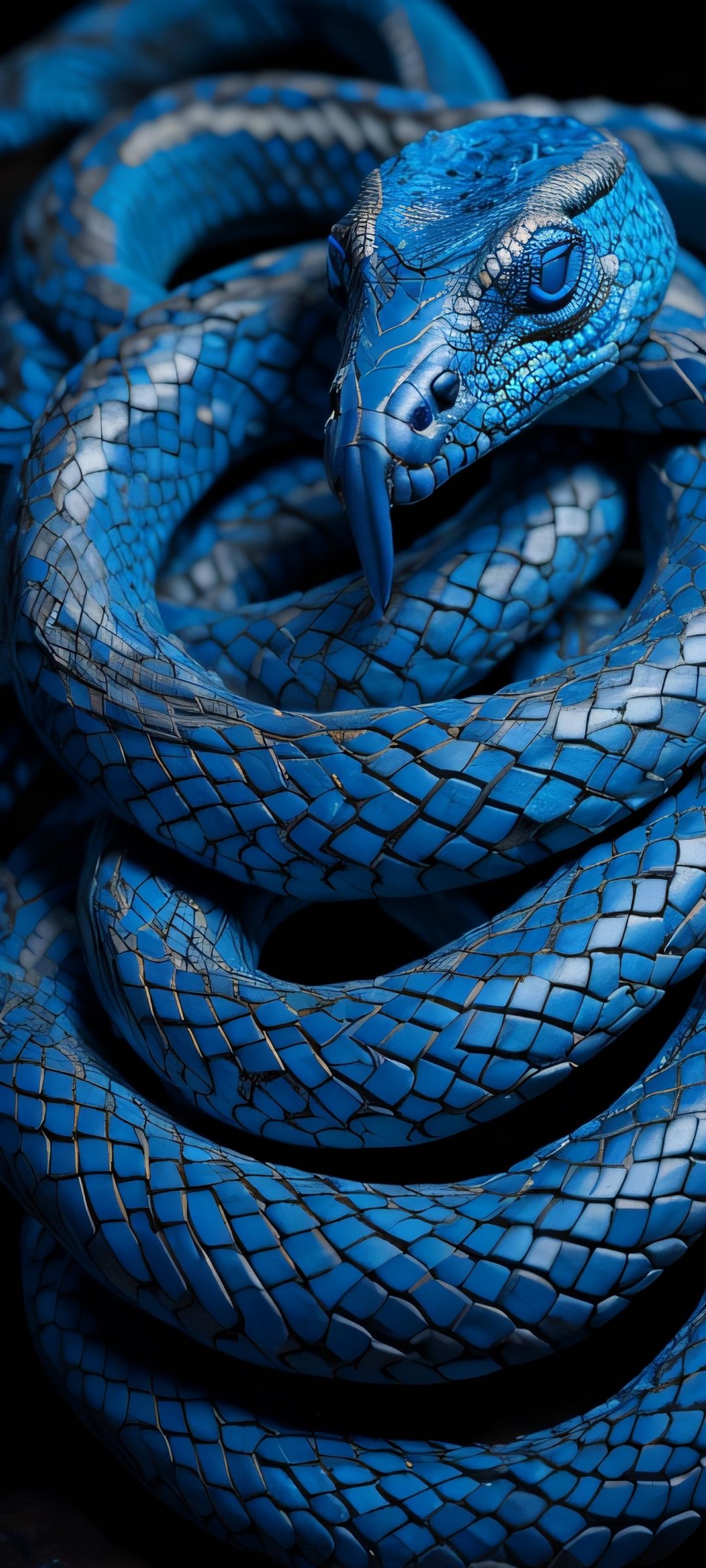 A close up of a blue snake with a black background (serpent, blue, black, human body, electric blue)