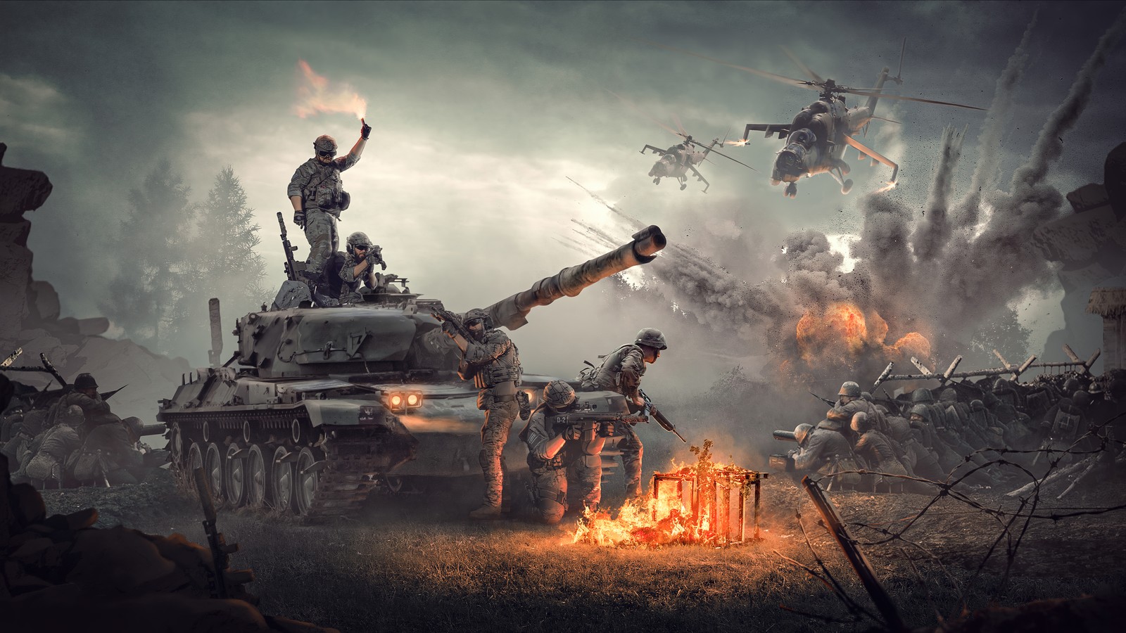 Eine gruppe von soldaten steht um ein feuer mit einem panzer im hintergrund (armee, panzer, angriffshelikopter, krieg, soldaten)