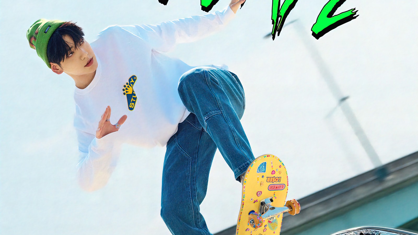 There is a man riding a skateboard on a ramp (txt, kpop, 투모로우바이투게더, tomorrow x together, k pop)