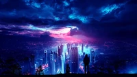 Urban Serenity: A Nightscape of Dazzling Skyscrapers Under a Dramatic Sky