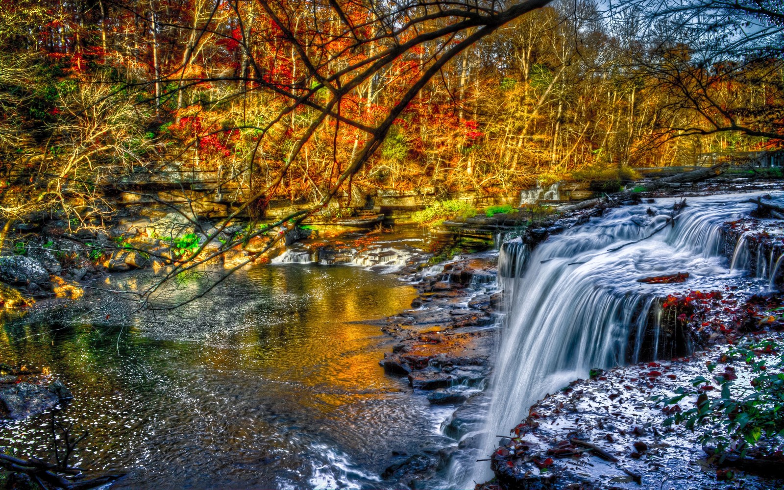 A waterfall in the woods with trees and leaves (waterfall, nature, body of water, stream, water)