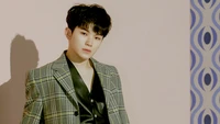 Woozi von Seventeen in stilvoller Kleidung, die Charisma vor einem pastellfarbenen Hintergrund ausstrahlt.