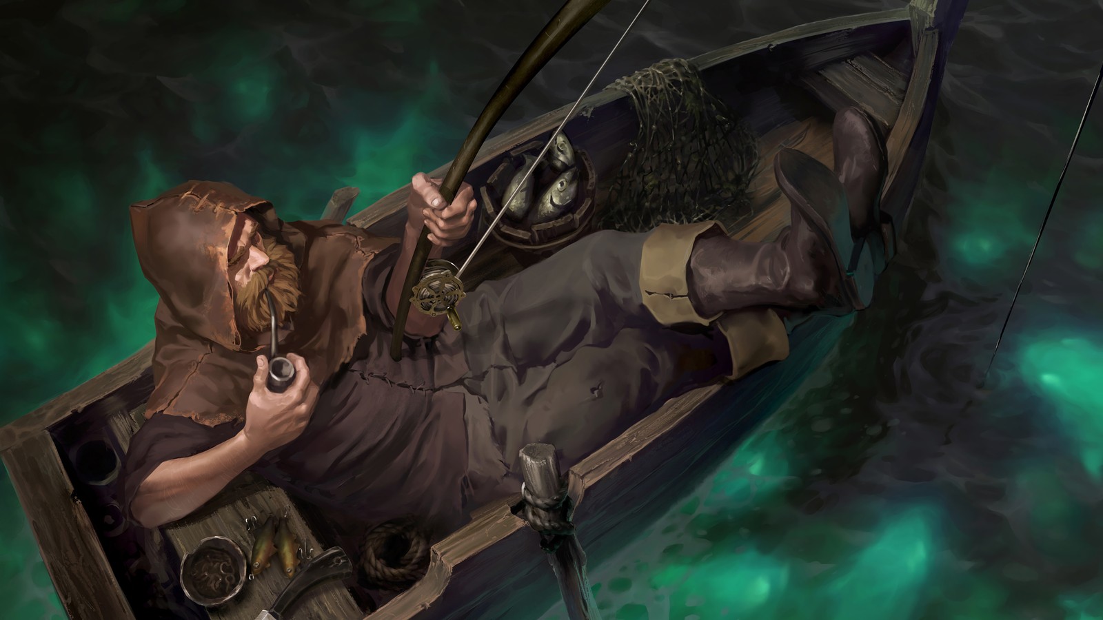 Arafed man in a boat with a knife and a fish (legends of runeterra, video game, oblivious islander)