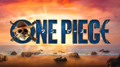 Logo de One Piece con Jolly Roger contra un fondo de playa al atardecer