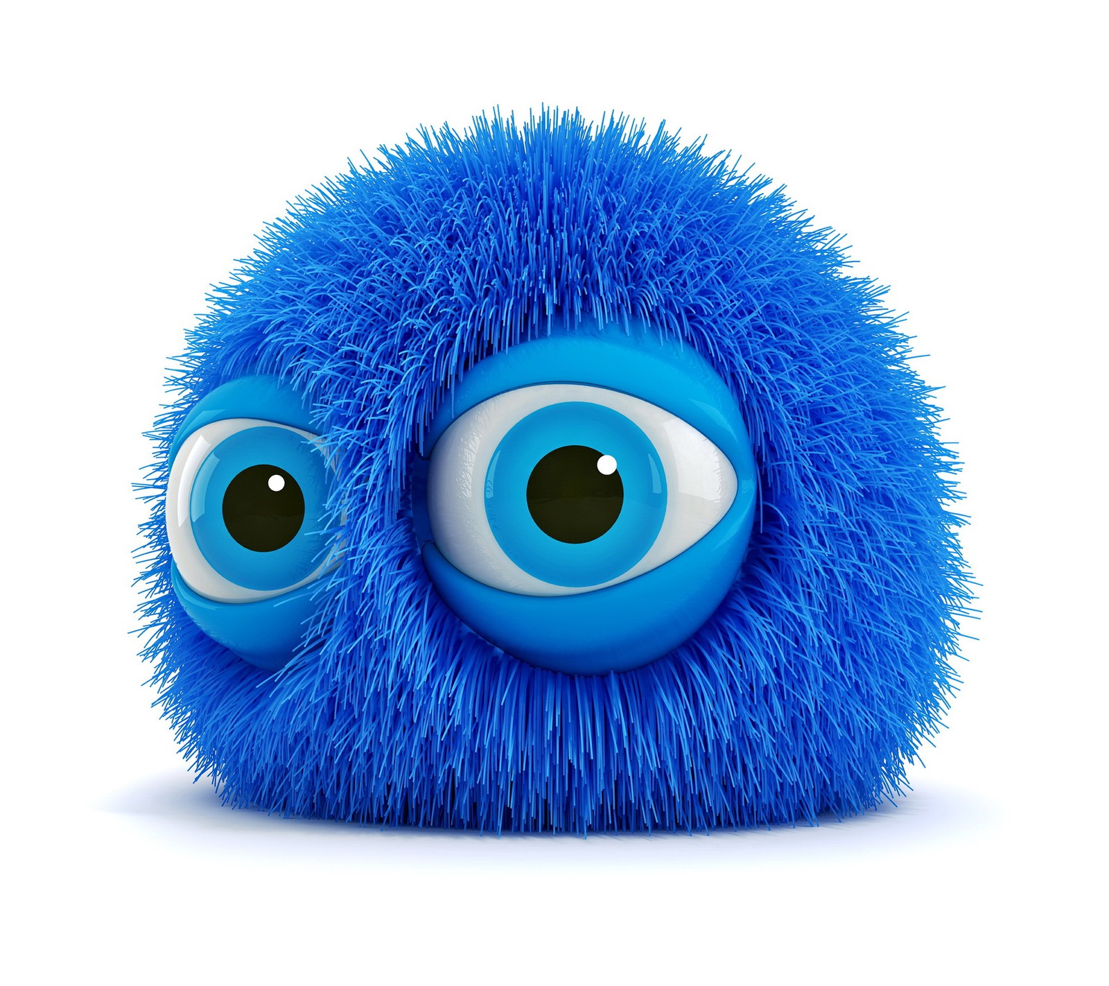 There is a blue fuzzy ball with two eyes on it (3d, ball, blue, cute, face)