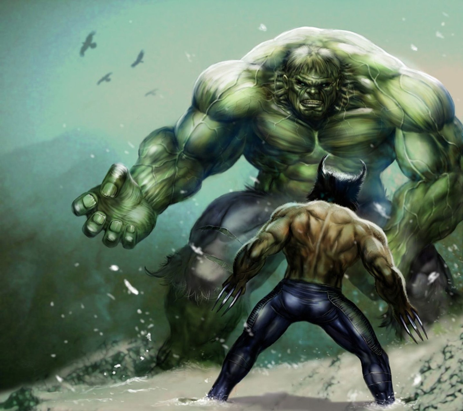 Hulk and wolverine fighting in the snow (cartoon, entertainment, hero, hulk, villian)