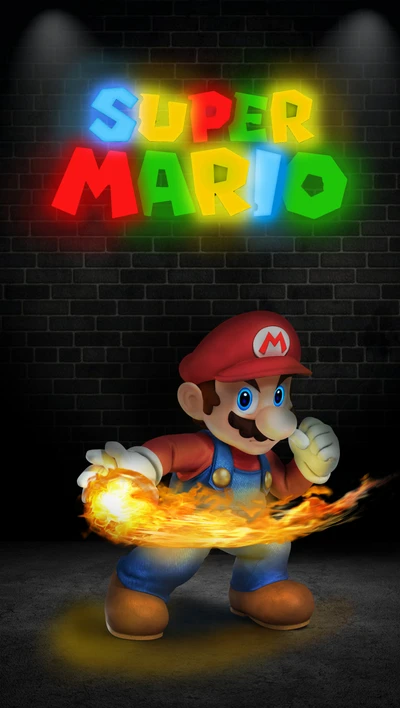 Super Mario in Neon Glow with Fiery Power