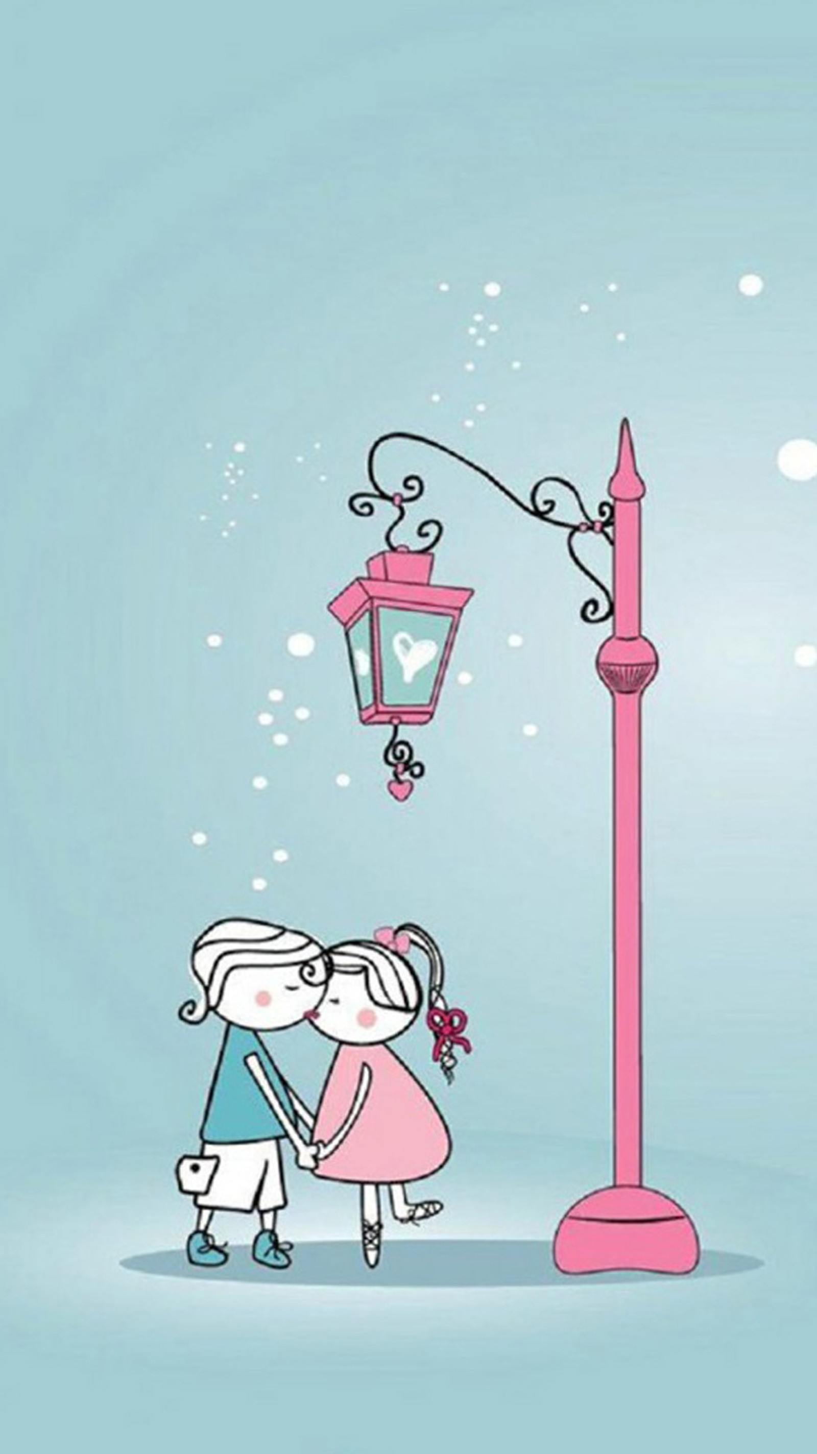 Un dessin animé d'un couple s'embrassant sous un lampadaire (mignon, embrasse moi, amour, amoureux)