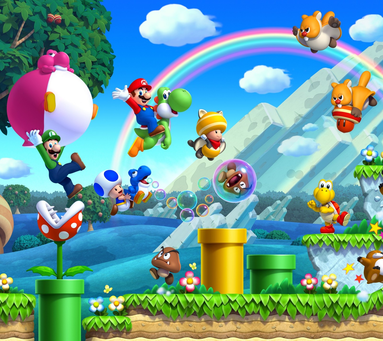 A group of nintendo characters flying over a lush green field (gold, green, italy, japan, luigi)