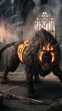 Lobo de Fuego Furioso en una Catedral Arruinada