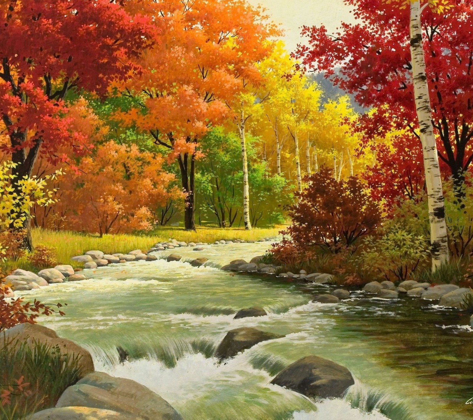 Painting of a stream in a forest with colorful trees (autumn, colors, paint, river)