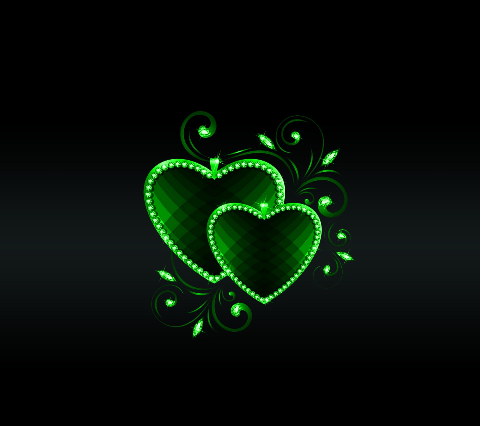 Two green hearts with swirls and leaves on a black background (art, design, flirt, green, heart)