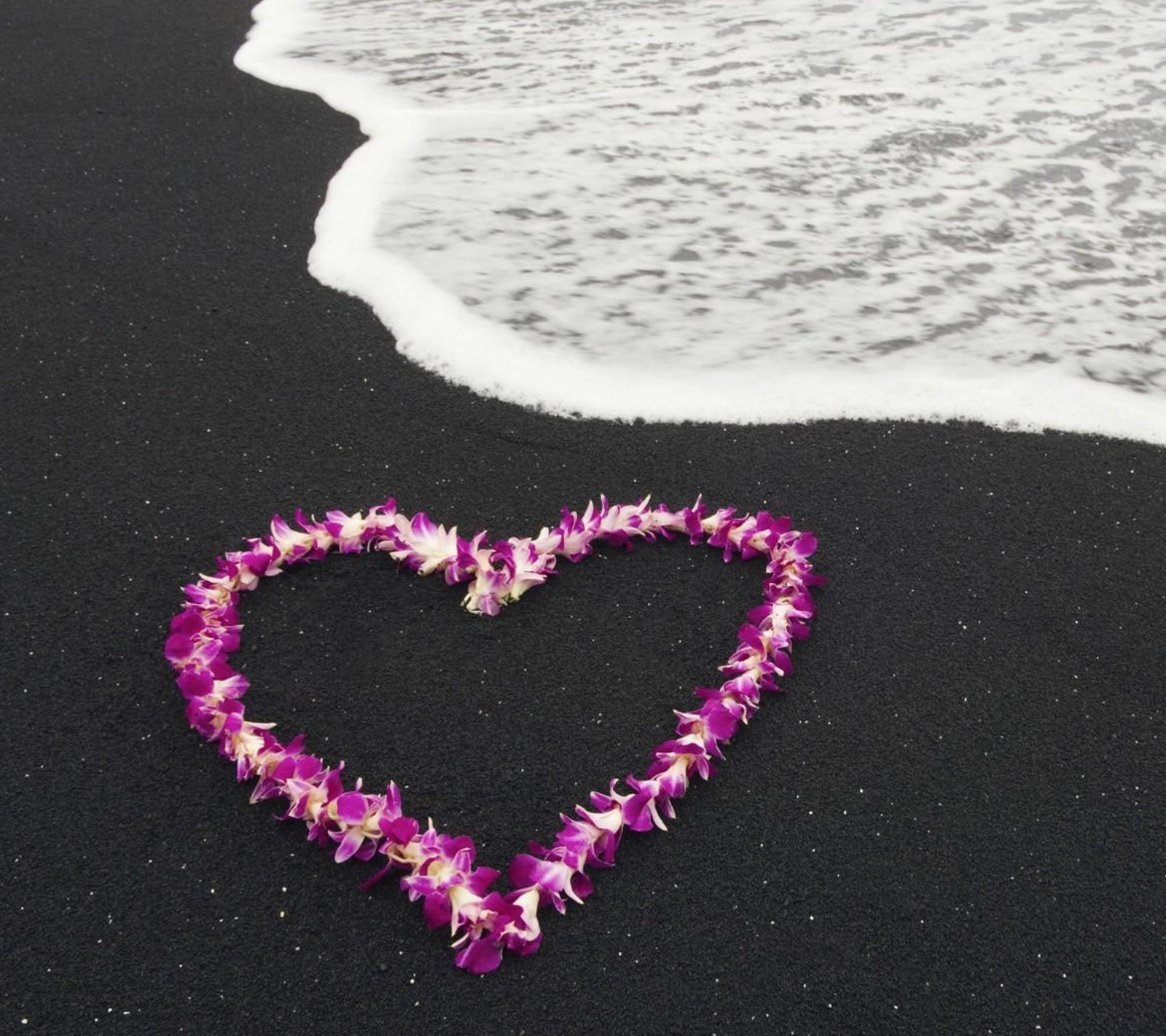 Ein gezeichneter herzförmiger blumenkranz am strand nahe dem ozean (strand, herz, liebe, rosa, meer)