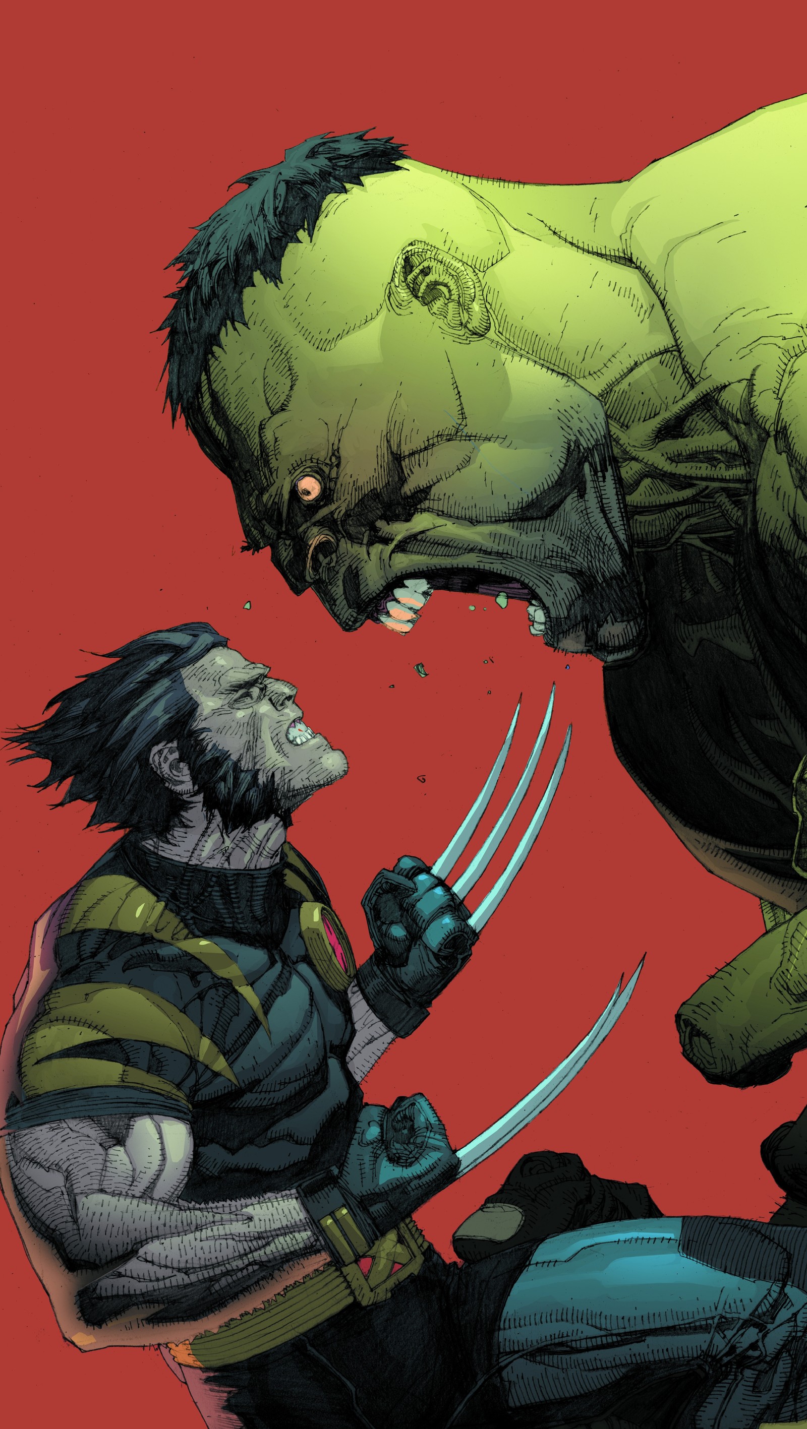 Wolverine y wolverine peleando por un hombre muerto (darkdroid, verde, hulk, marvel, rojo)