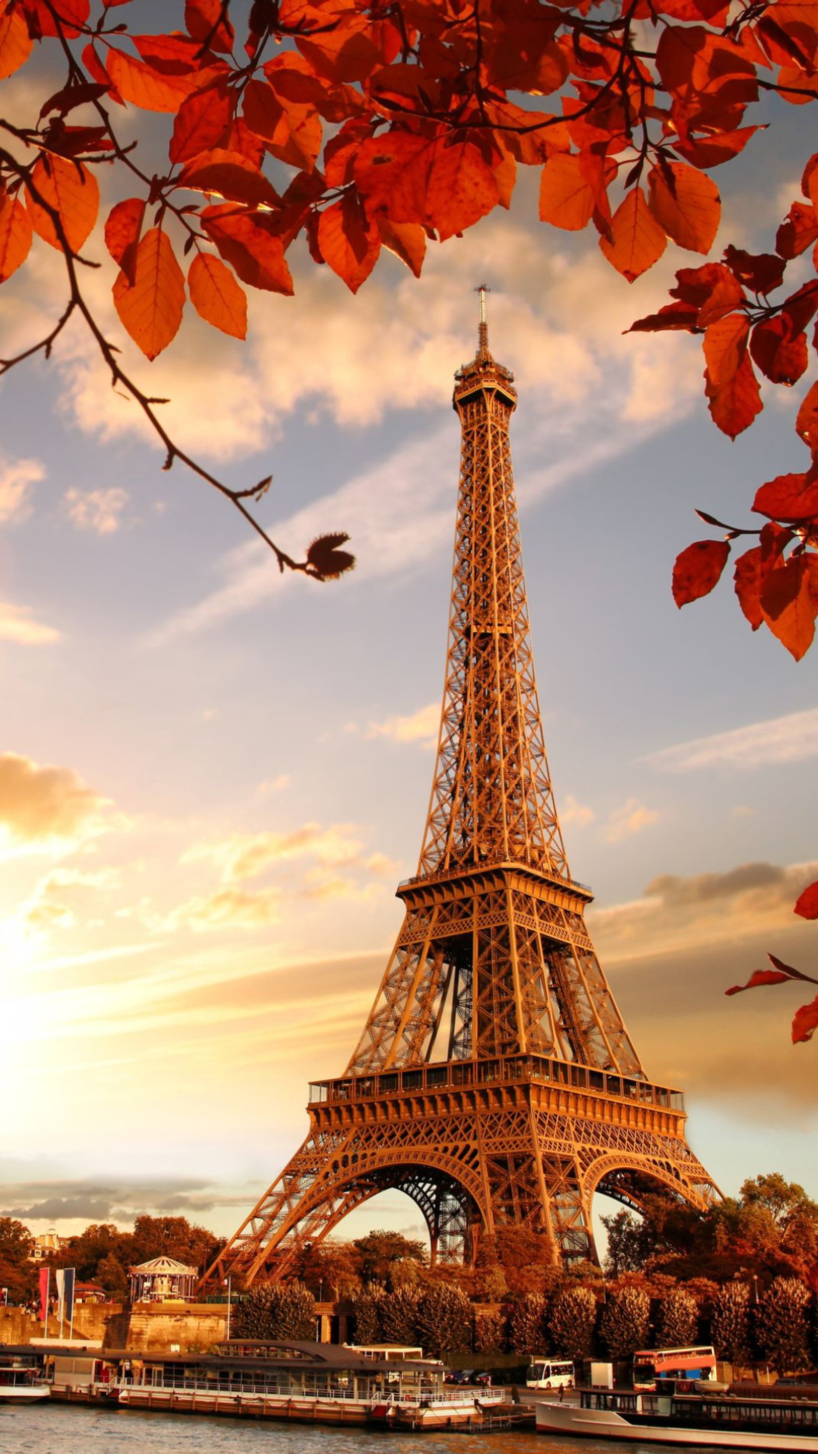 Arafed view of the eiffel tower with a boat in the water (eiffel, france, leaves, nature, paris)