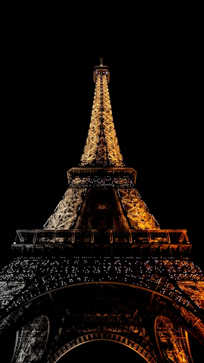 torre eiffel, dorado, luces, noche, parís