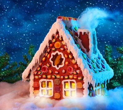 Verspielt Lebkuchenhaus, das in einem Winterwunderland leuchtet