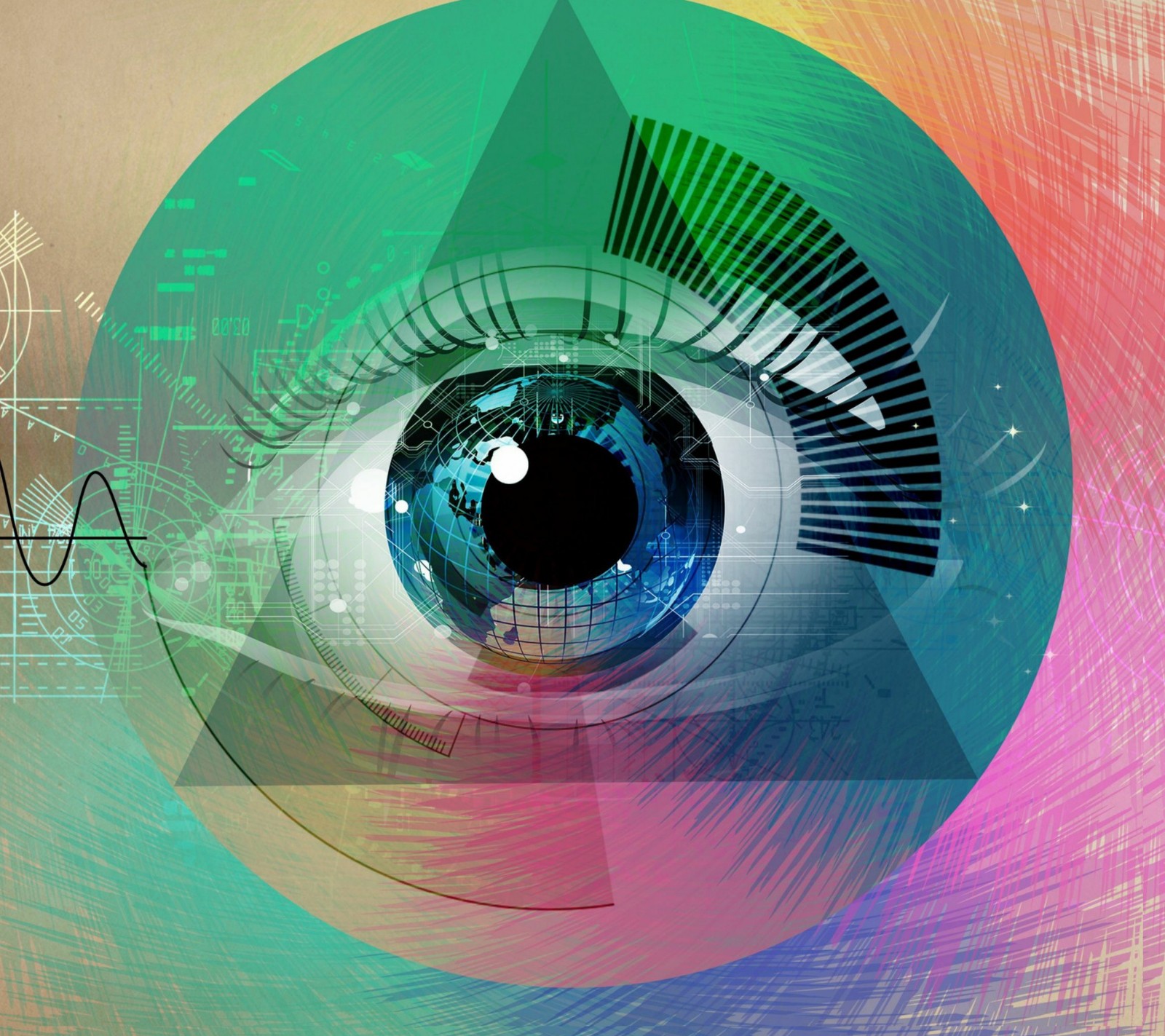 Illustration of a human eye with a digital background (abstract, color, eye, geometric, triangle)