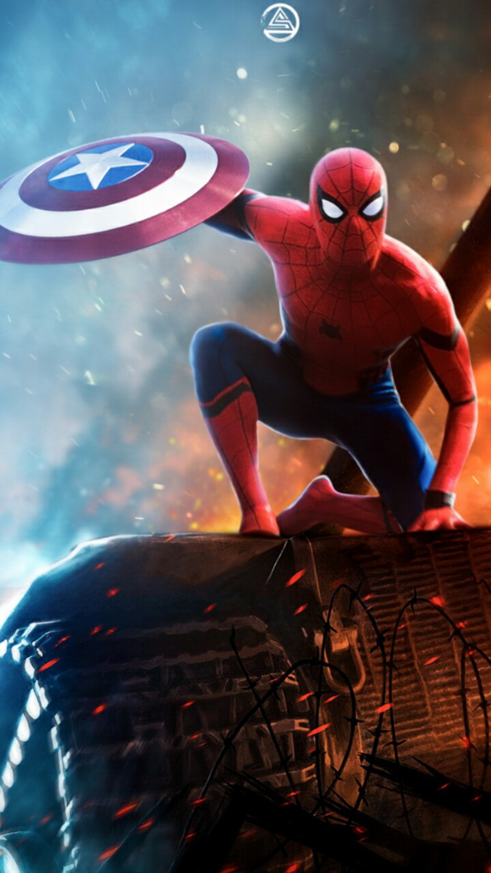 Spider-man avec un bouclier à la main se tenant sur un rebord (avengers, disney, ironman, ironspider, marvel)