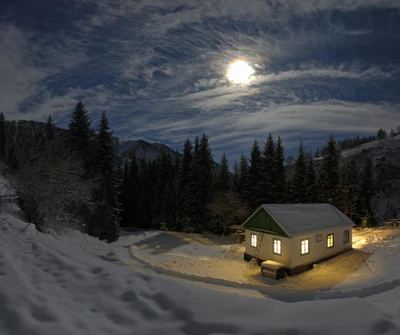 Retraite dans un village enneigé au clair de lune dans la forêt