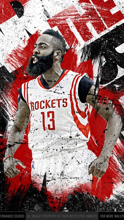 James Harden in Aktion für die Houston Rockets, zeigt seine Intensität auf dem Platz vor einem dynamischen, mutigen Hintergrund.