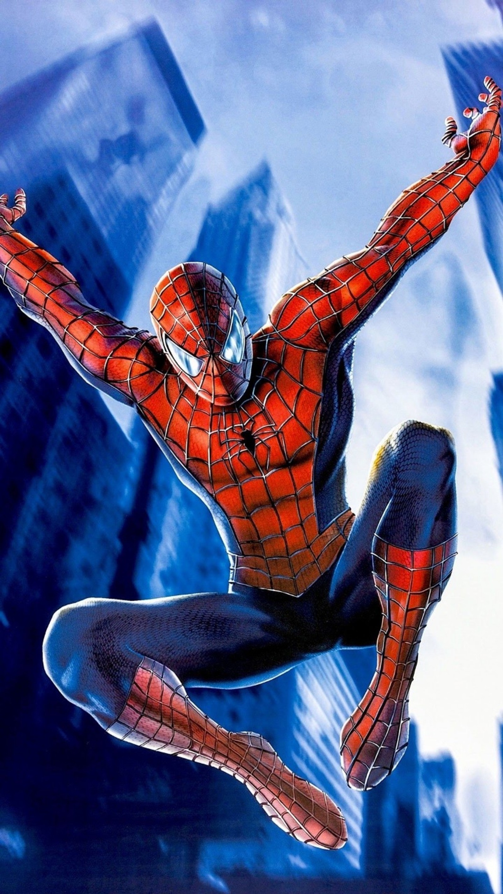 Spider-man dans la ville avec des bâtiments en arrière-plan (spiderman, marvel)