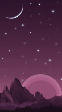 paisaje, luna, púrpura, estrellas