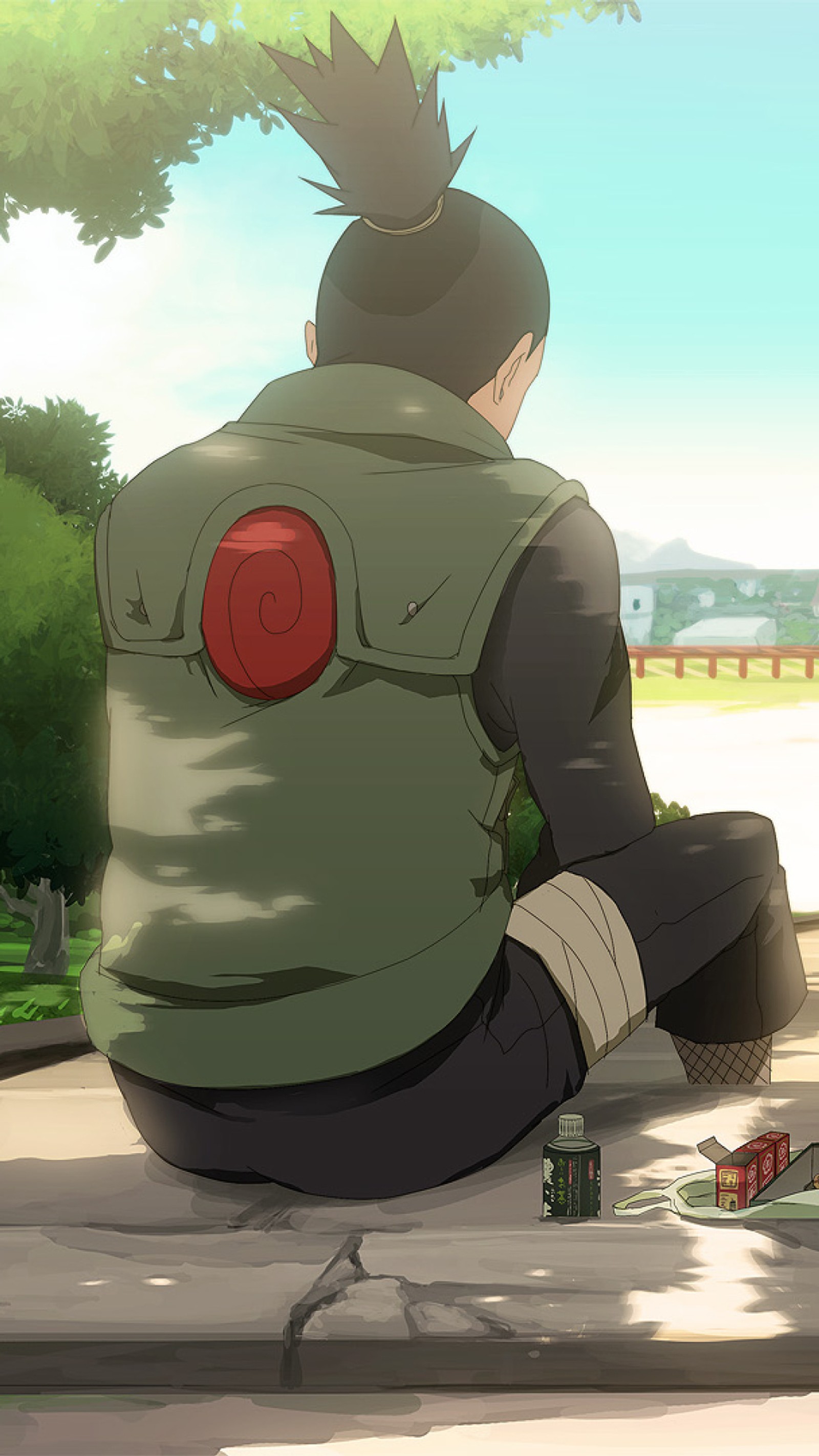 Anime-stil bild eines mannes, der mit einem rucksack auf dem gehweg sitzt (shikamaru, naruto)