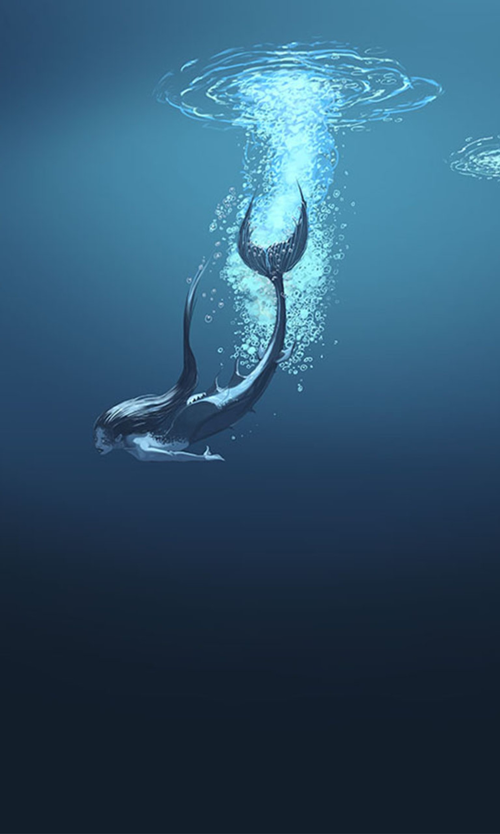 There is a whale swimming in the water with bubbles coming from it (mermaid, water)