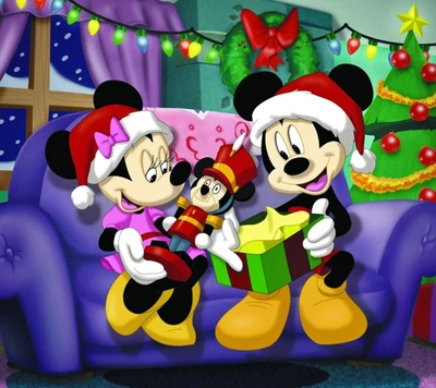 Mickey y Minnie Mouse celebran la Navidad con alegres regalos y decoraciones festivas