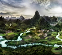 asian, chinese, mountain, river, town wallpaper