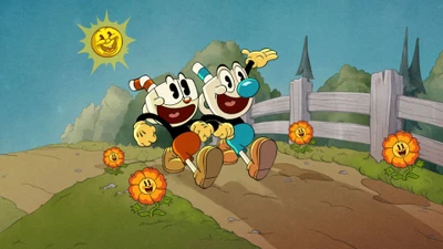 Cuphead and Mugman joyfully exploring a vibrant countryside, surrounded by cheerful flowers and a smiling sun.