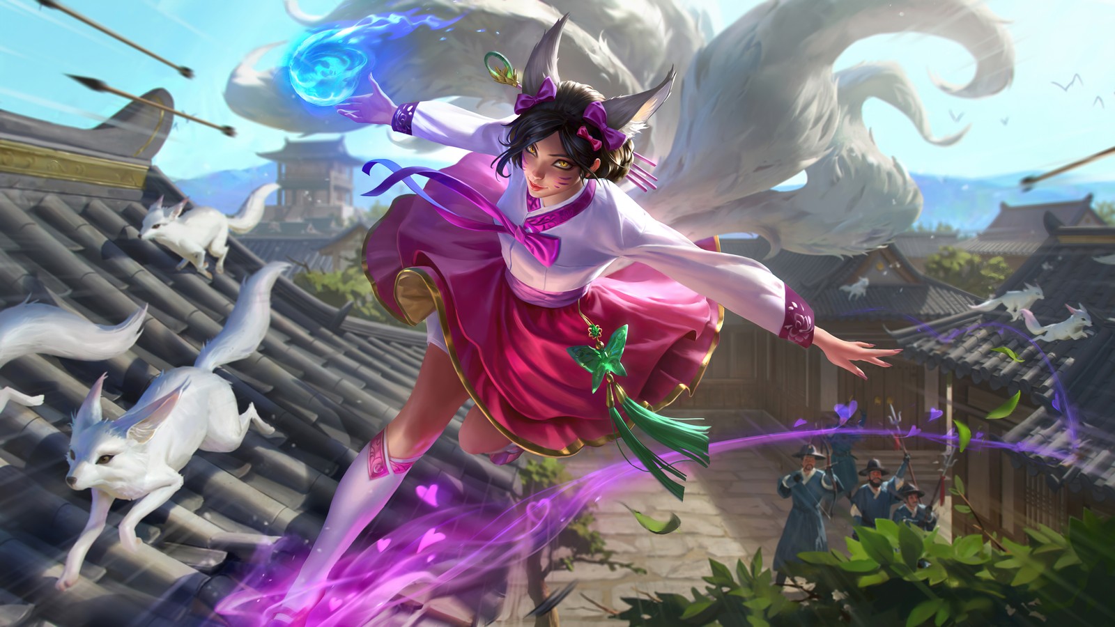 Une femme en robe rose vole dans les airs (dynastie, ahri, nouveau, art visuel, lol)